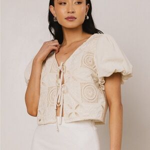 Bohme | Sylas Embroidered Blouse in Ivory, tie front with puff sleeves